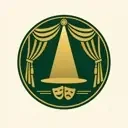 成人影视 Logo 徽记，墨绿底配暖金剧场幕布与聚光灯